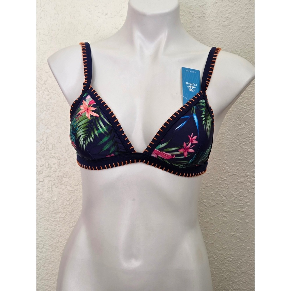 Cupshe Women Navy Blue Tropical Floral Whipstitch Triangle Bikini Top Size Small